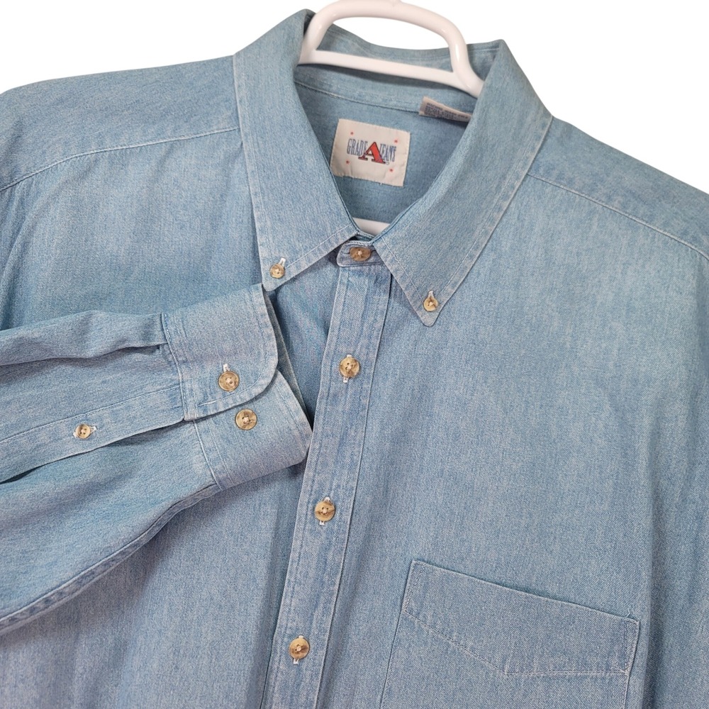 Vintage 90's Grade A Jeans Denim Shirt Mens 2XLT Blue Long Sleeve Button Down